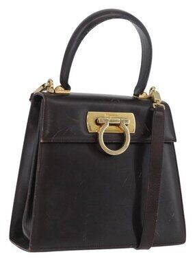 Salvatore Ferragamo Gancini Hand Bag Leather 2way Dark Brown Gold Auth LNZ456